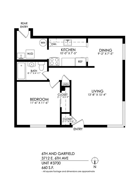 A floor plan of a one bedroom apartment with a living room, kitchen, and bathroom.